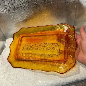 Vintage Amber Tiara Last Supper Bread Plate Platter Indiana Glass Tray